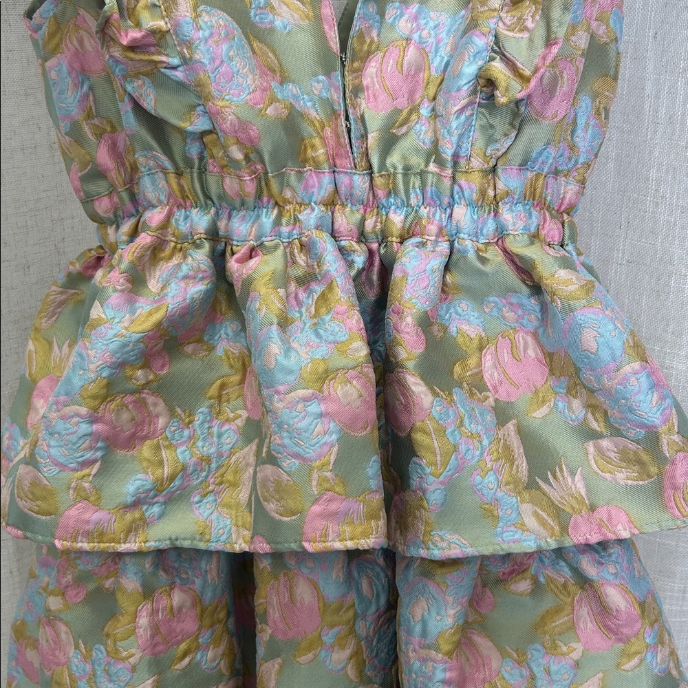 Buddy Love Jacquard Floral Ruffle Tiered  Dress in Sage Green and Pastel Pink - Picture 6 of 15